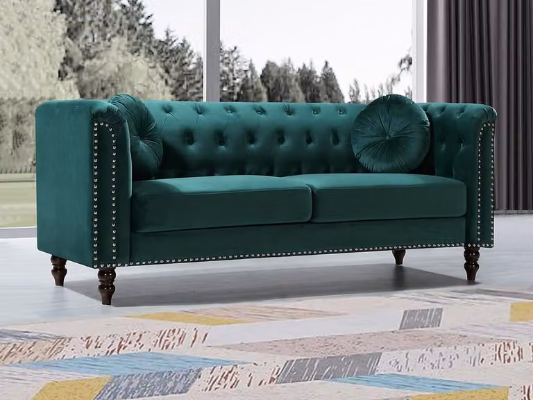 Sofá de 3 plazas estilo Chesterfield VENTE-UNIQUE en terciopelo verde con estructura de madera sólida y cojines incluidos
