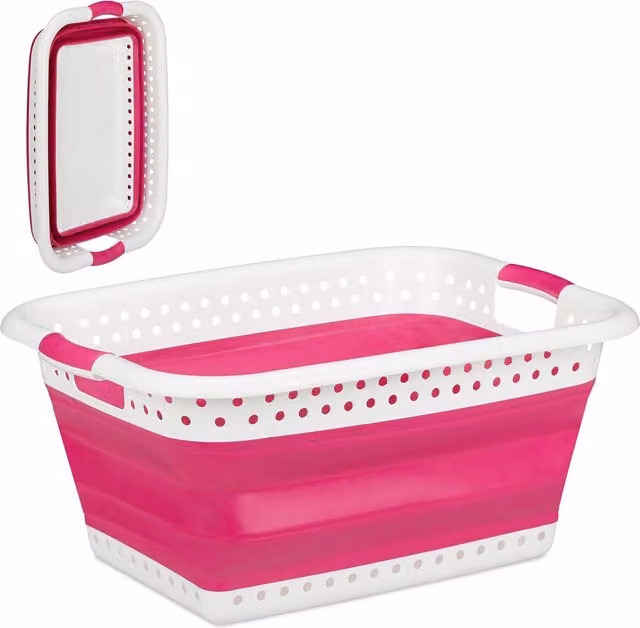 Cesto de ropa plegable con asas Relaxdays en rosa, fabricado en plástico y silicona, An/P/Al: 27 x 61 x 45,5 cm