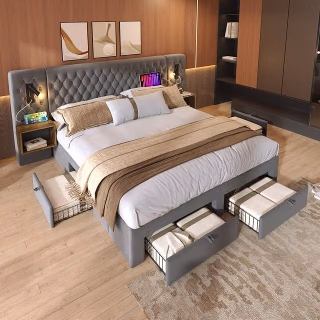 Cama doble WISHDOR de terciopelo gris con 2 mesitas de noche, 4 cajones, lámpara de lectura integrada y puerto USB, An/P/Al: 160 x 200 x 246,5 cm