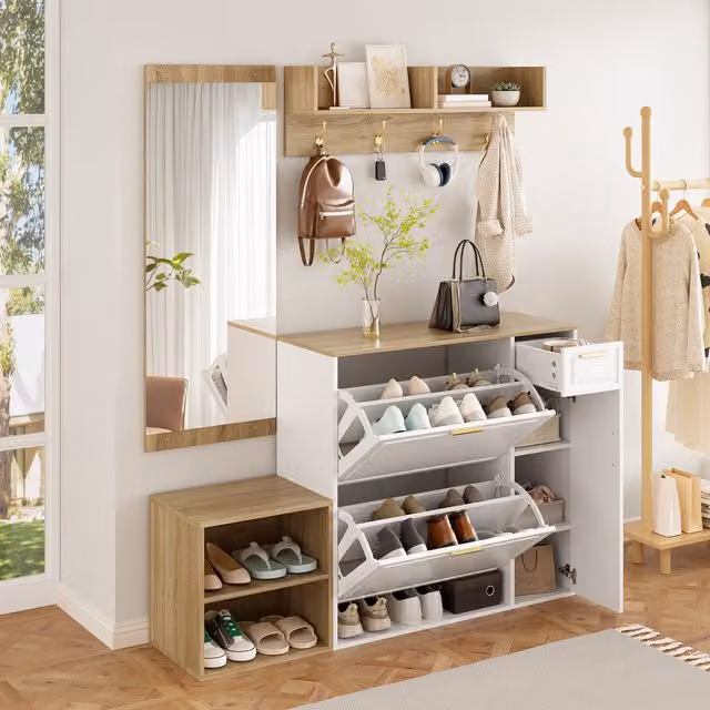 Conjunto de armario para recibidor HAUSS SPOLE en madera blanca con zapatero, banco, panel de pared y espejo, An/P/Al: 139,5 x 35 x 166 cm