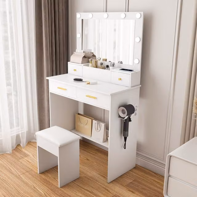 Tocador MODFU con LED, taburete y 4 cajones en MDF color blanco con toma de corriente An/P/Al: 137 x 40 x 80 cm