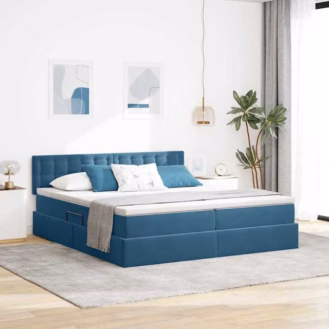 Cama de almacenamiento Maison Exclusive con colchón de muelles, iluminación LED, puerto de carga USB y base abatible en azul, An/P/Al: 180 x 200 x 204 cm