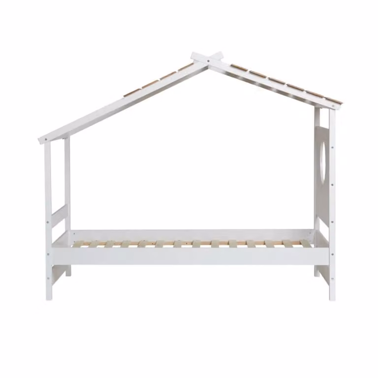 Cama cabaña MueMue para niños con zona de juego en madera blanca y marrón, An/P/Al: 90 x 190 cm