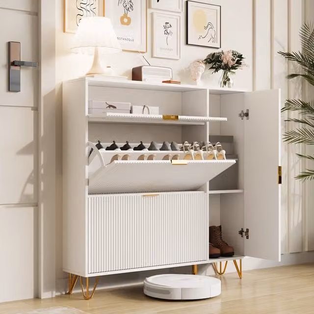 Zapatero NAHILIMI Blanco de Estilo Escandinavo con Puertas Abatibles y Cierre Suave para 26 Pares, An/P/Al: 110 x 32 x 118 cm