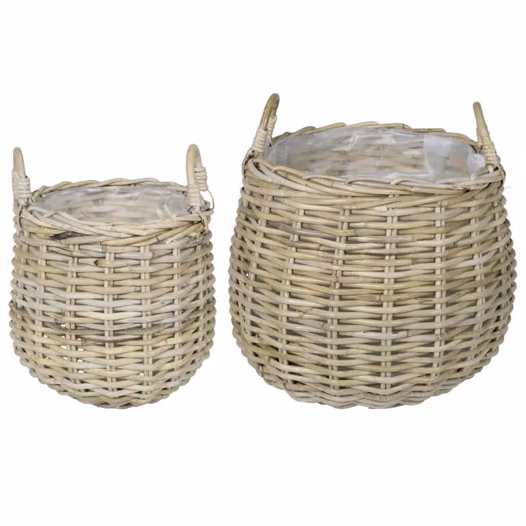 Set de 2 cestas para macetas GENDT de vidaXL en ratán de color gris y beige con asas y tejido abierto