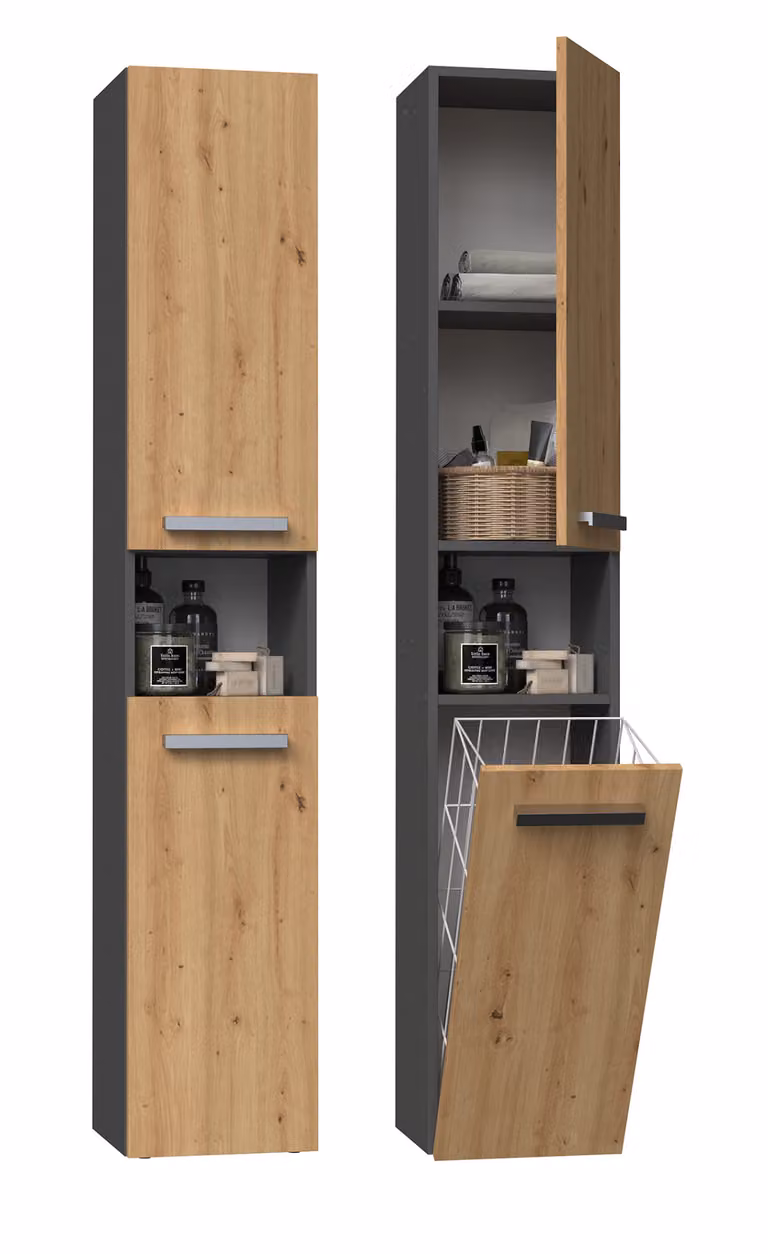 Armario de baño Top e shop NEL III con puertas batientes y estantes internos, diseño minimalista en color antracita y roble mate, An/P/Al: 76 x 31 x 174 cm
