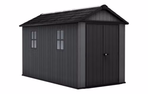 Caseta de jardín Keter Newton Plus de 8,6 m2 en color gris antracita con ventana y puerta doble