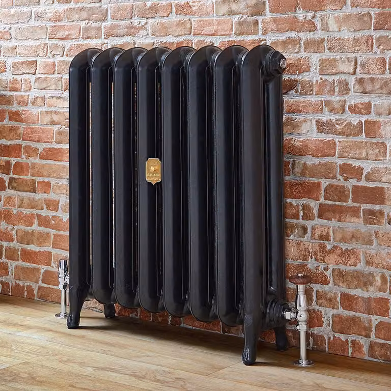 Radiador de hierro fundido de pie Erté con columnas ovales en color negro, An/P/Al: 76 x 27,2 x 76 cm