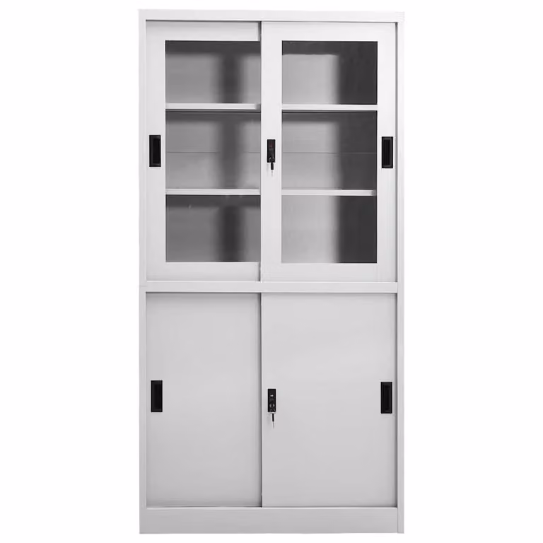 Armario de oficina vidaXL con puertas correderas de cristal y metal en color gris, An: 90 cm, P: 40 cm, Al: 180 cm