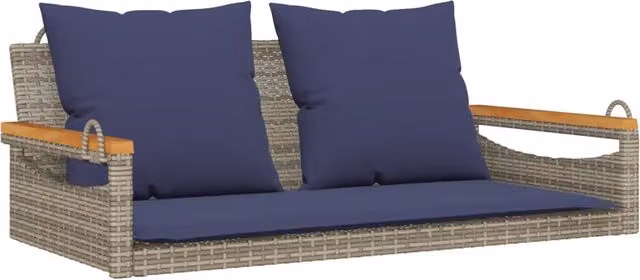 Banco Columpio de Ratán Sintético con Cojines Vidaxl, Color Gris y Azul, An/P/Al: 109 x 62 x 40 cm