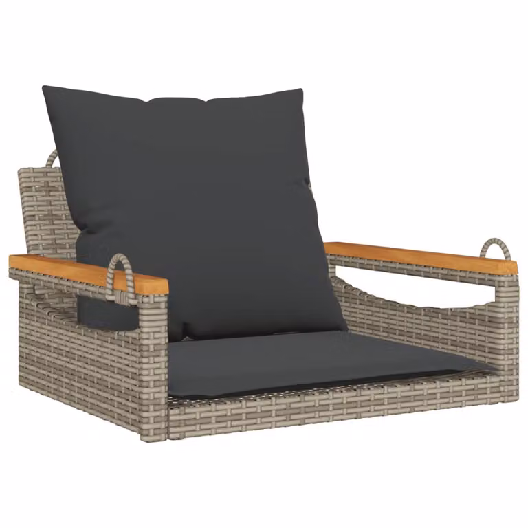 vidaXL Banco columpio de ratán sintético con cojines y madera de acacia, color gris, An/P/Al: 63 x 62 x 40 cm