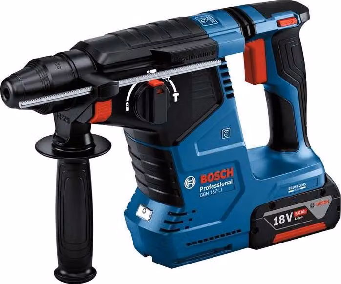 Taladro percutor inalámbrico Bosch Professional GBH 187-LI de 18 V con 2 baterías de 5,0 Ah y maletín de plástico
