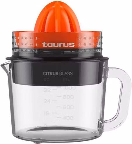 Exprimidor de cítricos Taurus Citrus Glass de 30W en color naranja y transparente con vaso de vidrio