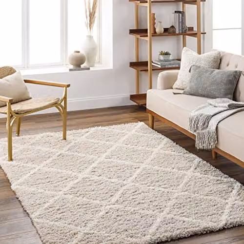 Alfombra Shaggy Livabliss Jane con diseño geométrico boho en beige y blanco, An/P: 160 x 220 cm