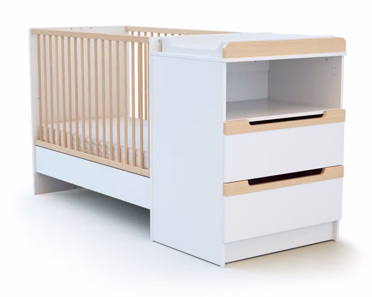Combinación de cuna para bebé Jurababy de madera blanca y haya con cajones de estilo escandinavo An/P/Al: 120 x 60 x 66 cm