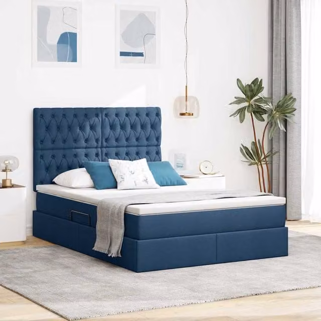 Cama con almacenamiento y colchón Maison exclusive en color azul y tela, An/P/Al: 140 x 200 x 280 cm
