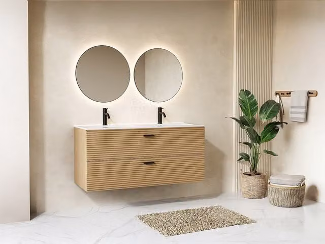 Mueble bajo lavabo suspendido Sarone con 2 cajones y diseño estriado en color beige, An: 120 cm, Al: 46 cm, P: 55 cm