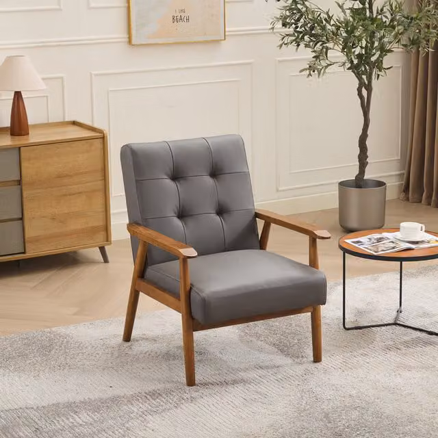 Sillón de piel auténtica KELLANY con reposabrazos y patas de madera de caucho en color marrón y gris