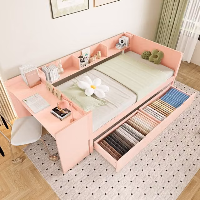 Cama Elevada Individual MODENVIE de Madera y Metal con Cajones y Estante, Rosa, An/P/Al: 90 x 200 x 150 cm
