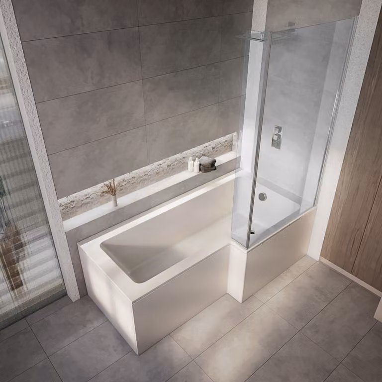 Bañera asimétrica de acrílico Sandford blanca con sección de ducha y mampara negra, versión izquierda, An/P: 150 x 85 cm