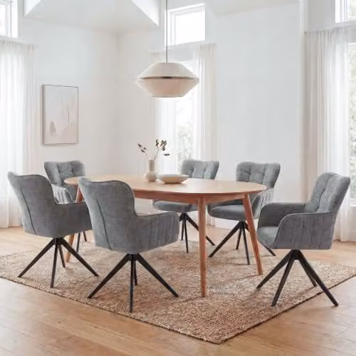 Juego de 6 sillas de comedor Mendler con reposabrazos, tapizadas en tela y estructura de metal, color gris