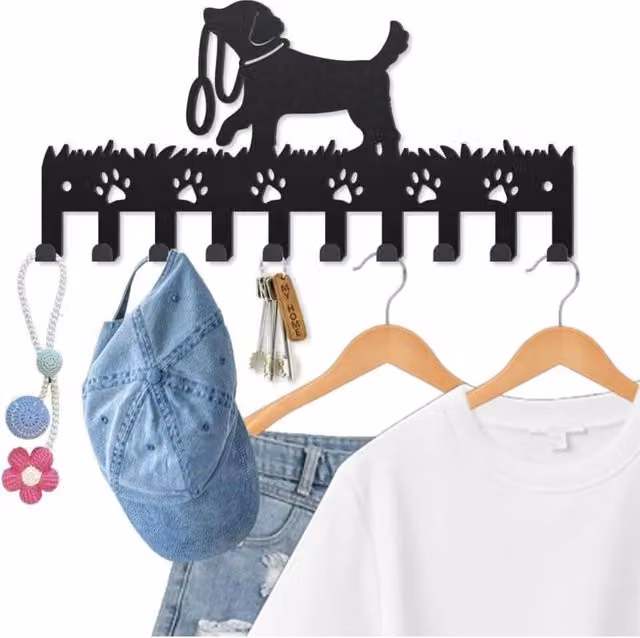 Llavero de pared XISRENS con 10 ganchos decorativos en forma de huella de perro, color negro y material metálico