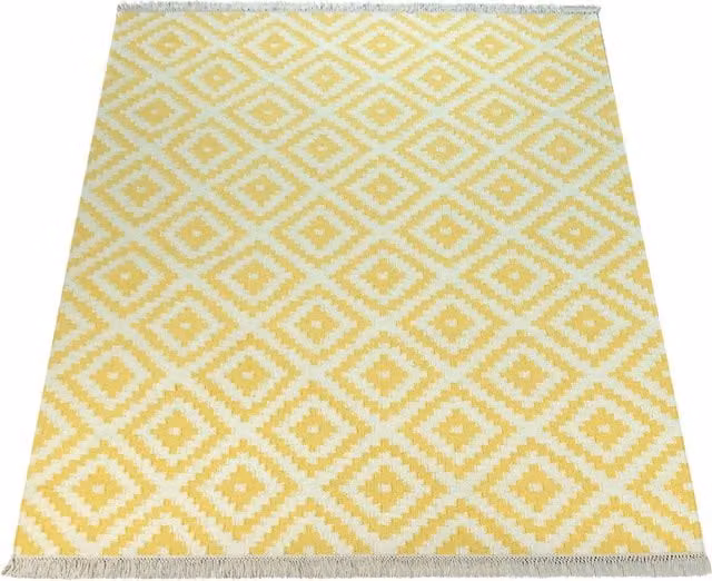Alfombra Kenolia de lana y algodón en amarillo y blanco, estilo marroquí y escandinavo, An/P: 60 x 110 cm