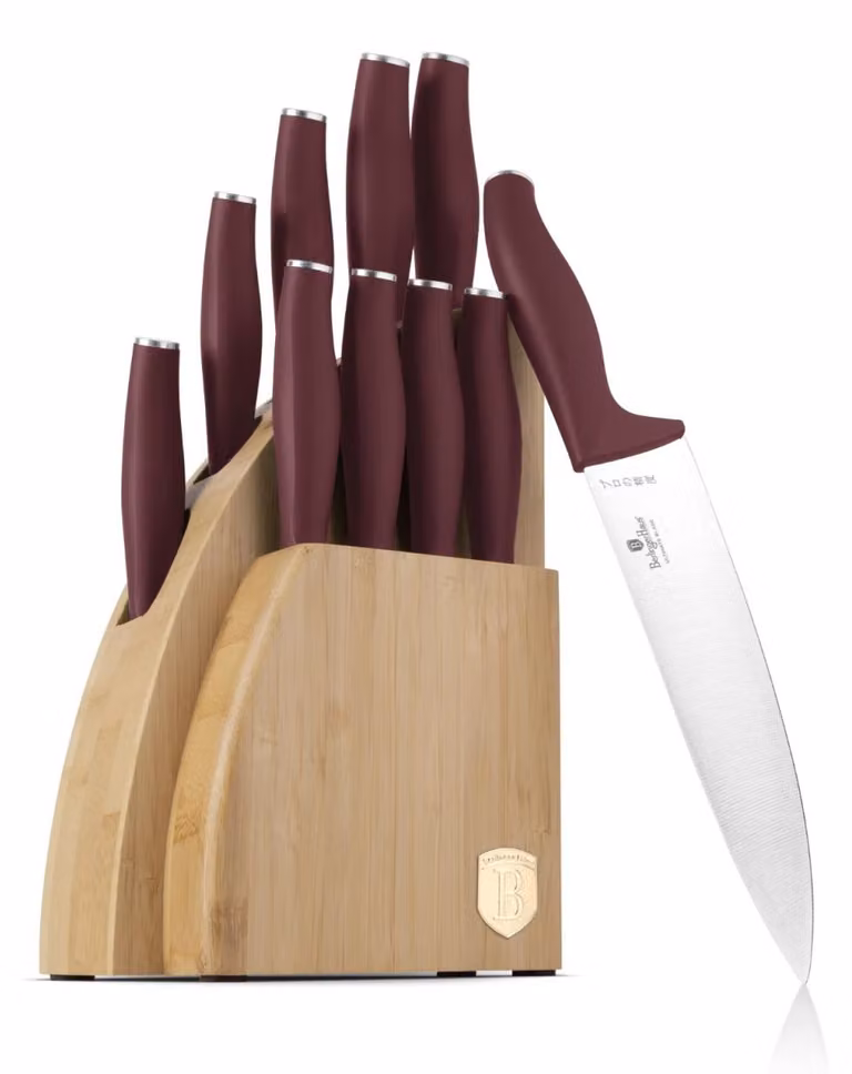 Juego de 10 cuchillos de cocina Berlinger Haus en acero inoxidable con soporte de bambú, color burdeos, que incluye cuchillo de chef, de pan, Santoku, universal, de pelar y de carne