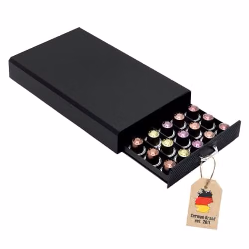 Cajón portacápsulas Intirilife para 50 cápsulas de café compatible con Nespresso, color negro, An/P/Al: 38,2 x 23,2 x 5,6 cm