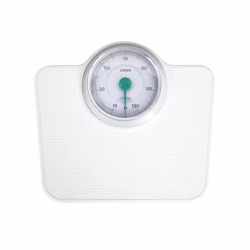 Báscula de baño mecánica retro LIVOO DOM490 en color blanco con superficie de metal antideslizante y capacidad máxima de 136 kg