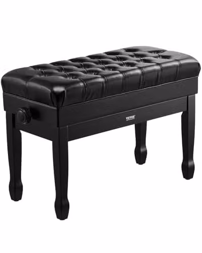 Banco de piano VEVOR de madera con asiento acolchado en piel sintética negra y compartimento para partituras, An/P/Al: 75 x 36 x 51,5-59,5 cm