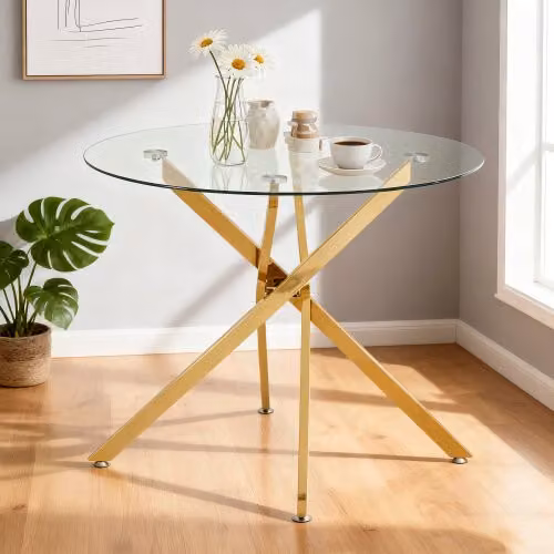 Mesa de comedor redonda OKWISH con encimera de vidrio templado transparente y patas doradas, An/P/Al: 80 x 80 x 76 cm