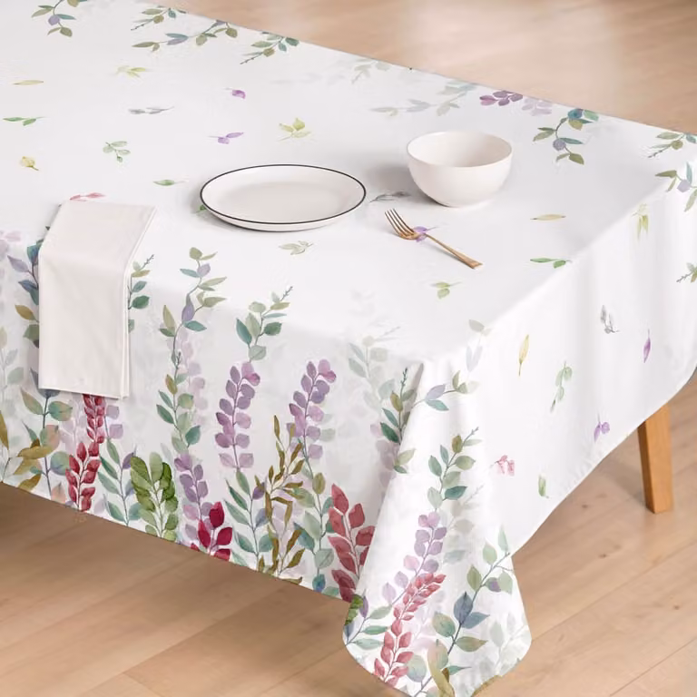 Mantel antimanchas de algodón con diseño floral en colores lavanda, malva, verde y blanco, An/P: 140 x 140 cm