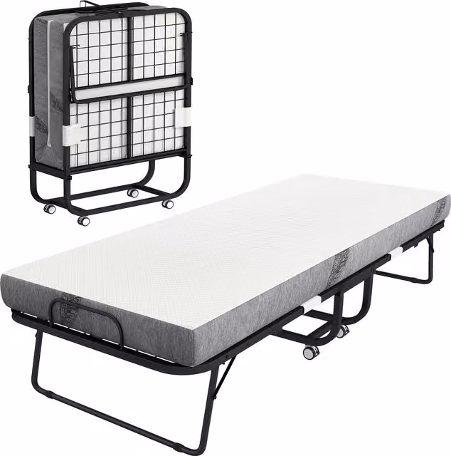 Cama plegable de 1 plaza HOMCOM con colchón, estructura de acero y ruedas, color blanco, An/P: 200 x 80 cm