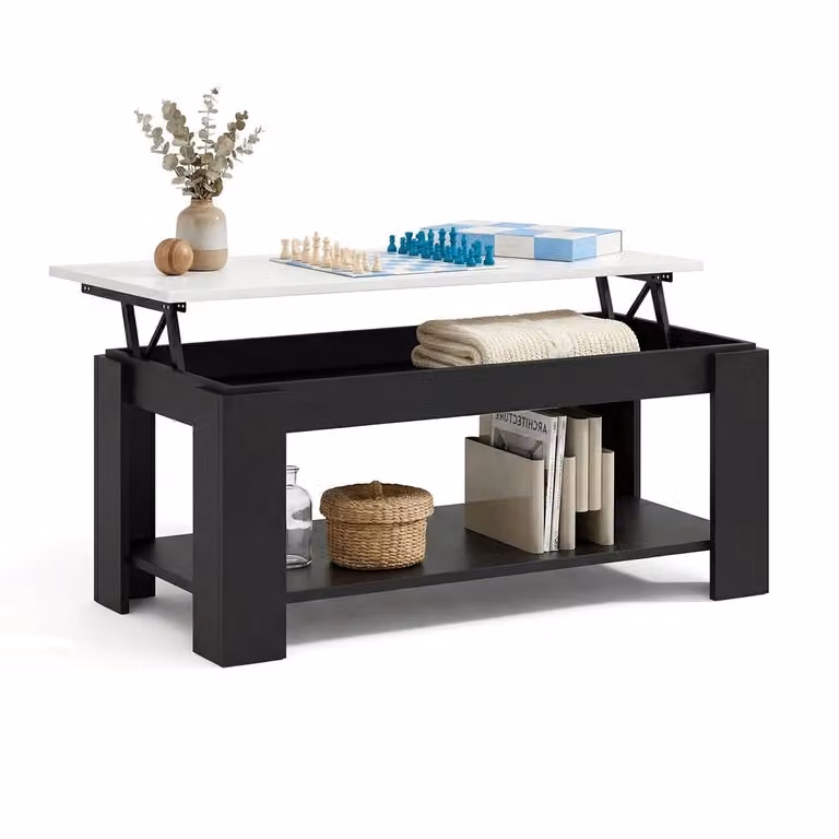 Mesa de centro elevable con almacenaje Lya de DUEHOME en negro mate y blanco, rectangular y moderna, An/P/Al: 102 x 43 x 54 cm