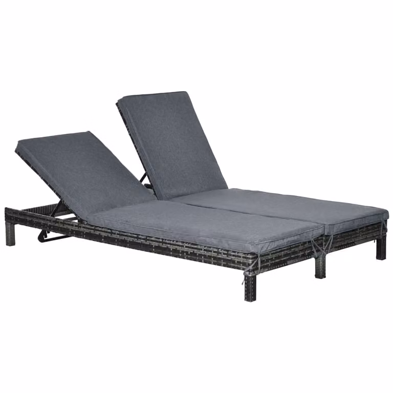 Tumbona de jardín doble OKWISH en ratán gris con respaldo ajustable y tejido para exterior