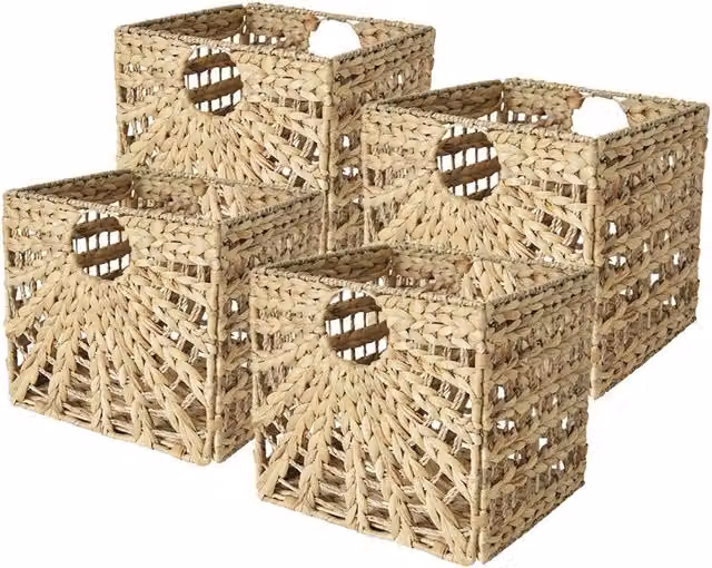 Juego de 4 cestas plegables de junco con estampado de sol Box and Beyond, color beige y marrón, An/P/Al: 31 x 31 x 31 cm