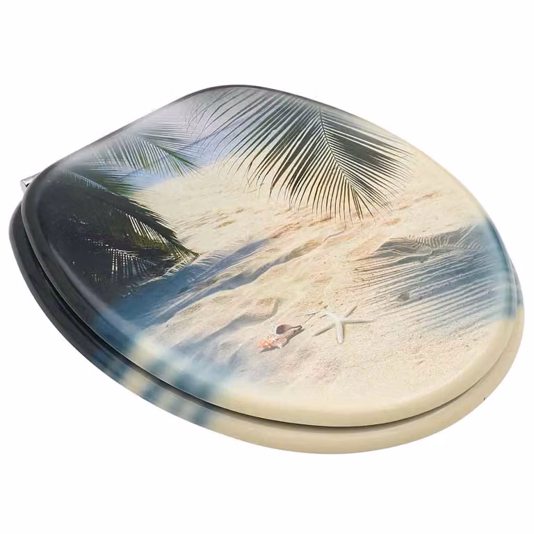 Set de 2 asientos de inodoro con tapa vidaXL de MDF con diseño de playa, forma ovalada y cierre suave, multicolor con acabados en madera y zinc y herrajes cromados