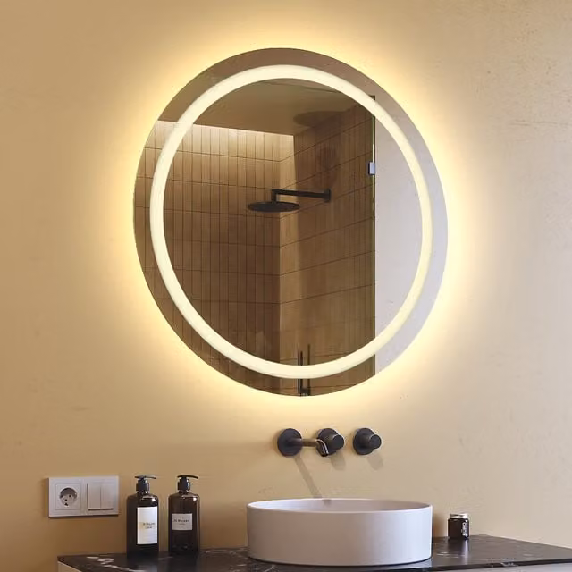 Espejo LED redondo para baño Artforma con luz blanco cálido 3000K, Diámetro: 80 cm