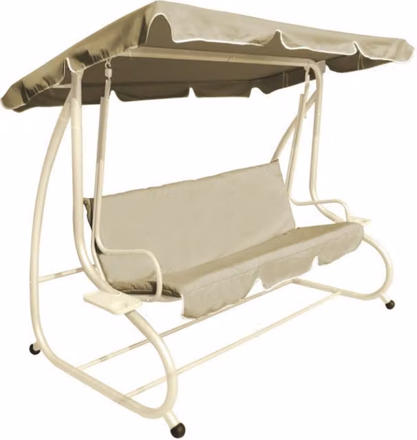 Columpio de jardín Lombardia de ABITARE con techo reclinable y cojines en color beige y blanco, fabricado en hierro con estructura moderna para adultos