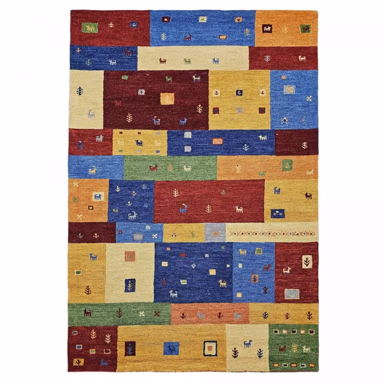 Alfombra bereber Un amour de tapis de lana hand tufted multicolor en azul y rojo, An/P: 120 x 170 cm