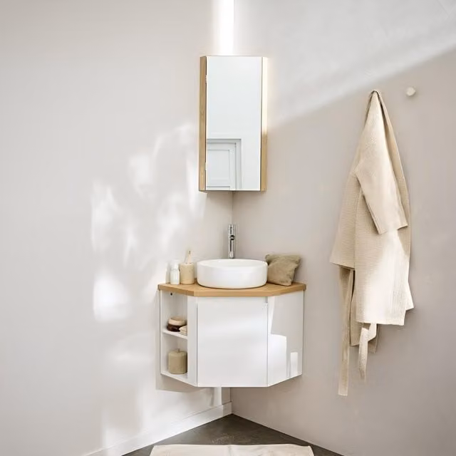 Conjunto de mueble lavabo de esquina Sorrento de Mob-In con lavabo, grifo y armario de baño en MDF