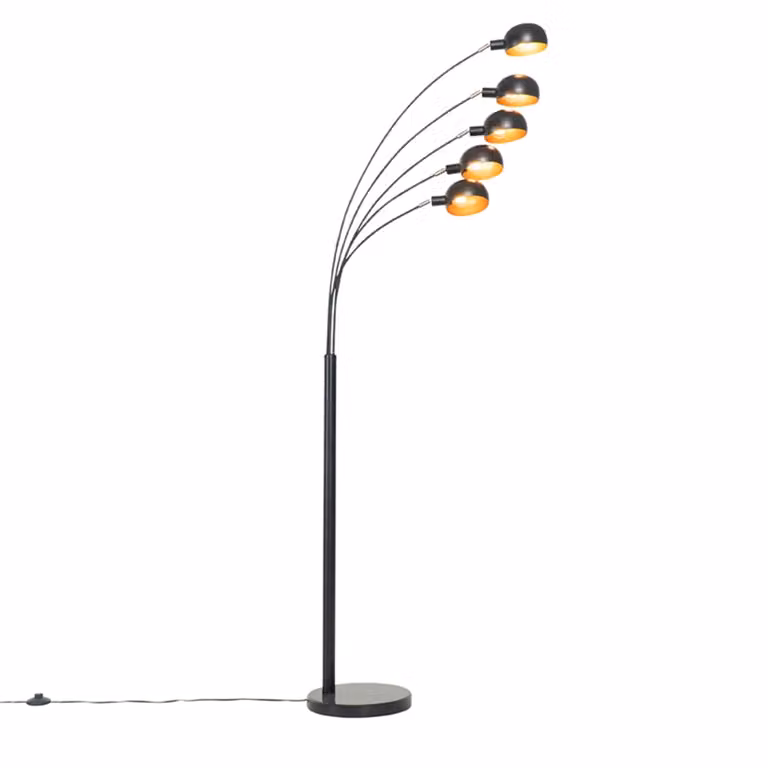 Lámpara de pie QAZQA de diseño con 5 luces regulables en negro y dorado con base de mármol