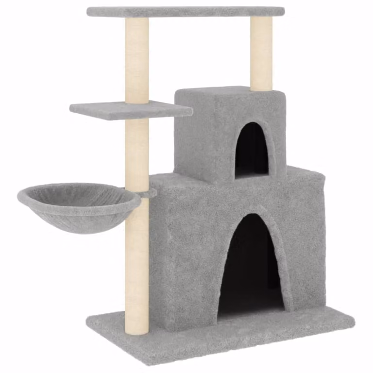 Rascador para gatos vidaXL con cueva y postes de sisal en gris, An/P/Al: 35 x 35 x 83 cm