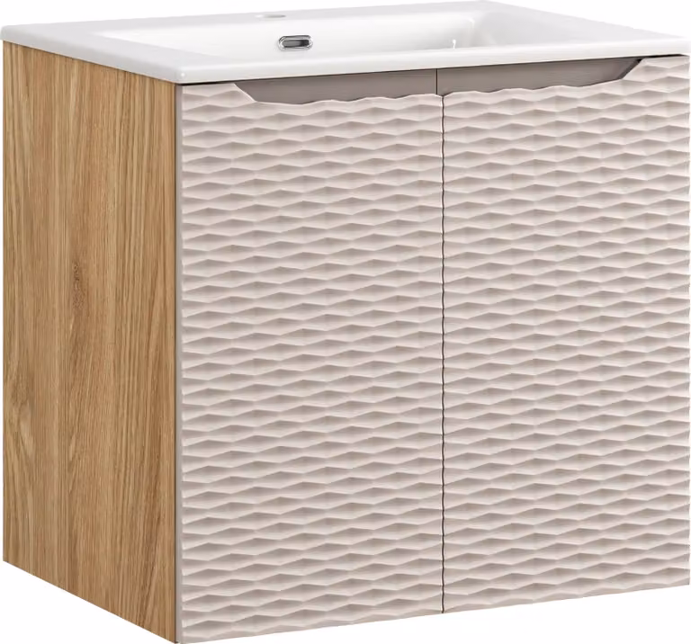 Mueble de baño de estilo escandinavo DMK en madera de roble con detalles geométricos en beige y blanco