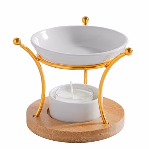 Quemador aromático Zen Arôme ETNA de metal, cerámica blanca y madera para aromaterapia con vela tealight, Altura: 10,5 cm