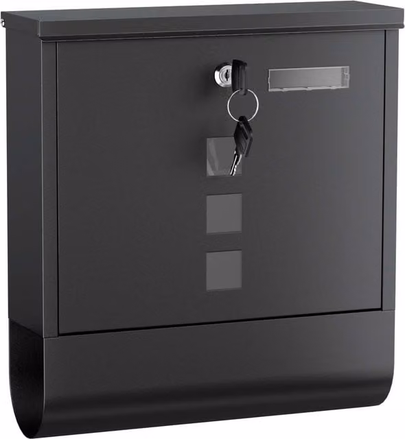 Buzón de pared Wiltec negro con hueco para periódico, placa de identificación, mirilla y cerradura con dos llaves, An/P/Al: 33,5 x 30,5 x 9,6 cm