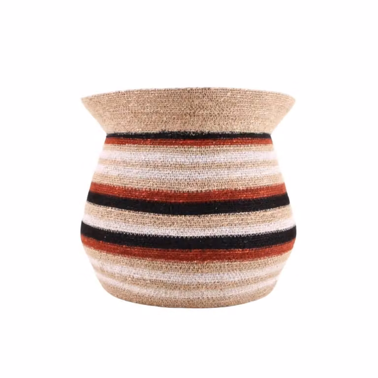 Cesta tipo ánfora de hierbas marinas Ornami con diseño rayado en marrón, beige y negro, An/P/Al: 36 x 34 cm