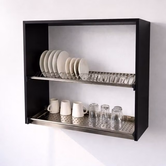 Mueble alto escurridor de cocina Calandrelli negro con puertas batientes y portavasos, Altura: 72 cm, Ancho: 90 cm, Profundidad: 33 cm