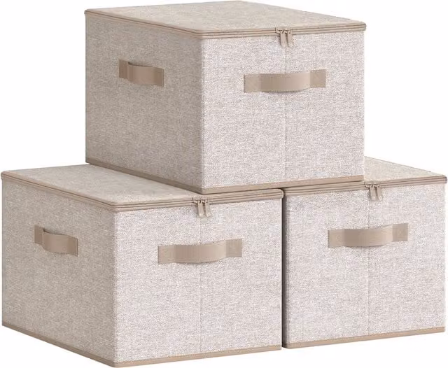 Juego de 3 cajas de almacenamiento plegables Songmics con tapa y asas, color beige, An/P/Al: 40 x 30 x 25 cm